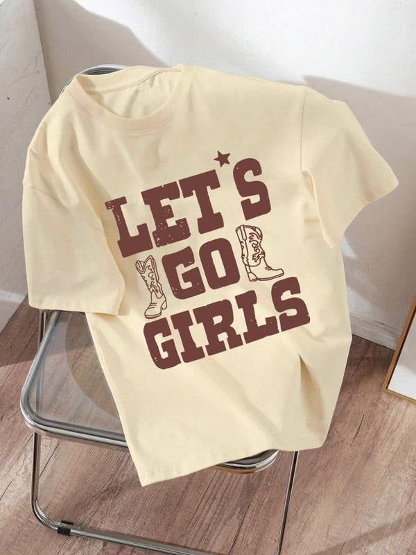 Women'WB shield Letter & Shoes Print Round Neck Tee, Vintage Trendy Casual Drop Shoulder Short Sleeve T-Shirt for Daily...