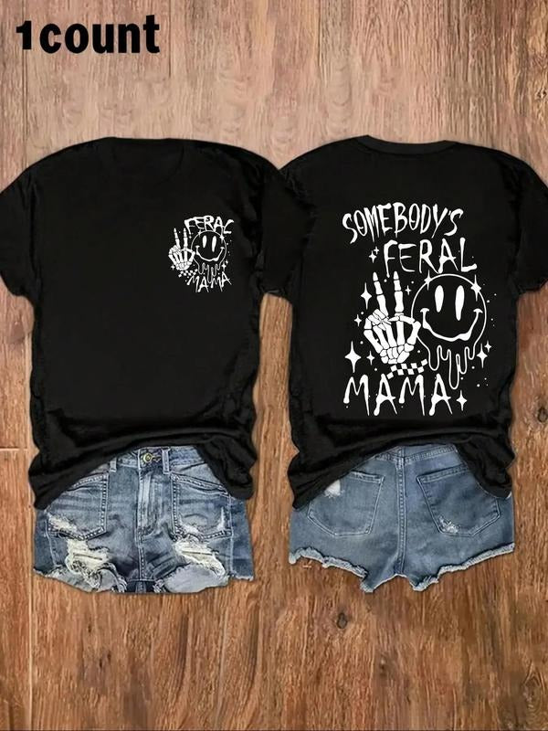 Women'WB shield Letter & Skeleton Hand Print Round Neck Tee, Fashion Casual Short Sleeve T-Shirt, Ladies TNF for Spiky...