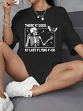 Women'WB shield Letter & Skeleton Print Drop Shoulder Tee, Fashion Casual Crew Neck T-Shirt for Daily Holiday Vacation...