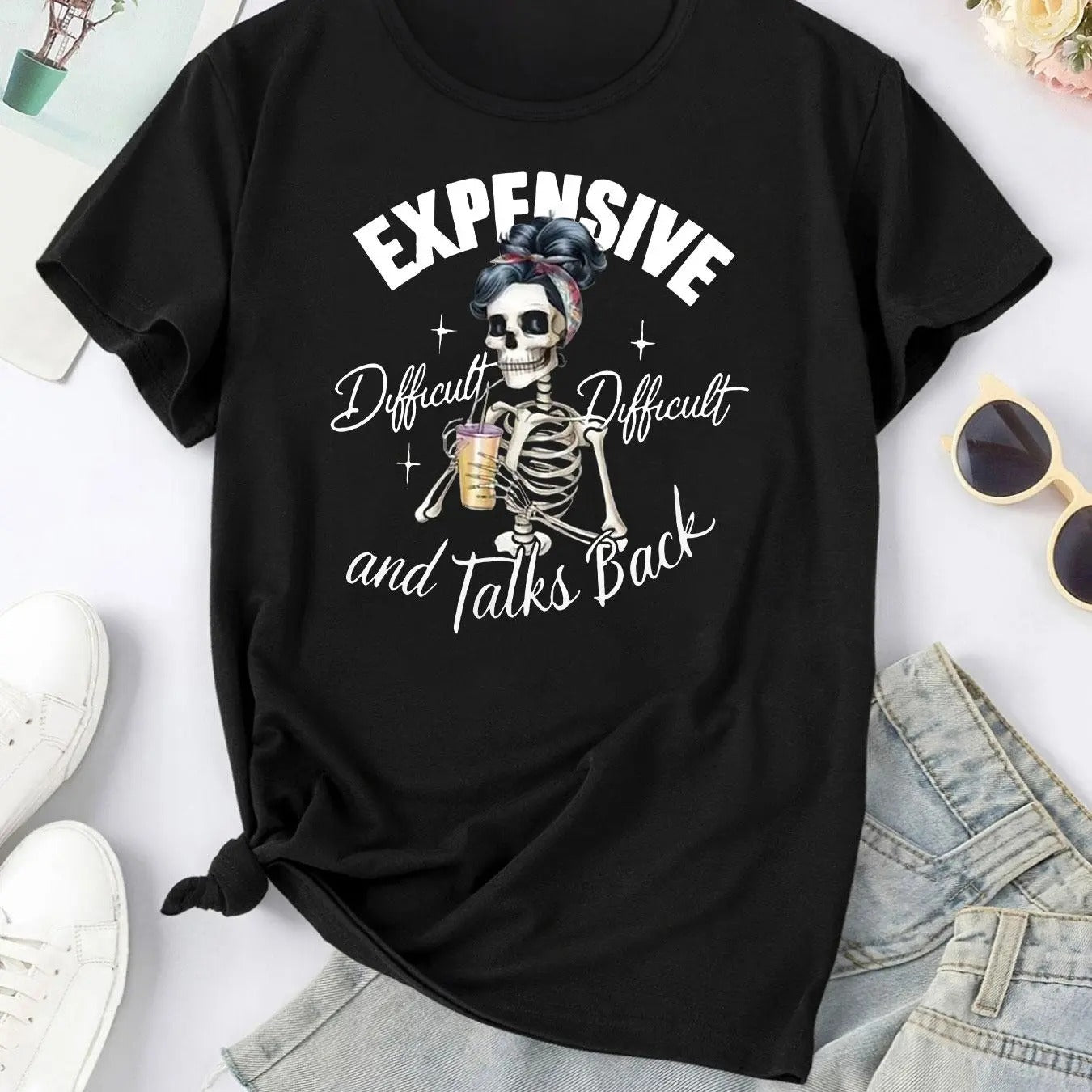 Women'WB shield Letter & Skeleton Print Round Neck Tee, Fashion Casual Short Sleeve T-shirt, Ladies Summer TNF for Daily...