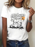 Women'WB shield Letter & Skeleton Print Round Neck Tee, Trendy Casual Short Sleeve Halloween TNF T-Shirt for Daily Wear,...