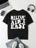 Women'WB shield Letter & Skull Hand Print Round Neck Tee, Trendy Casual Drop Shoulder Short Sleeve T-Shirt for Daily...