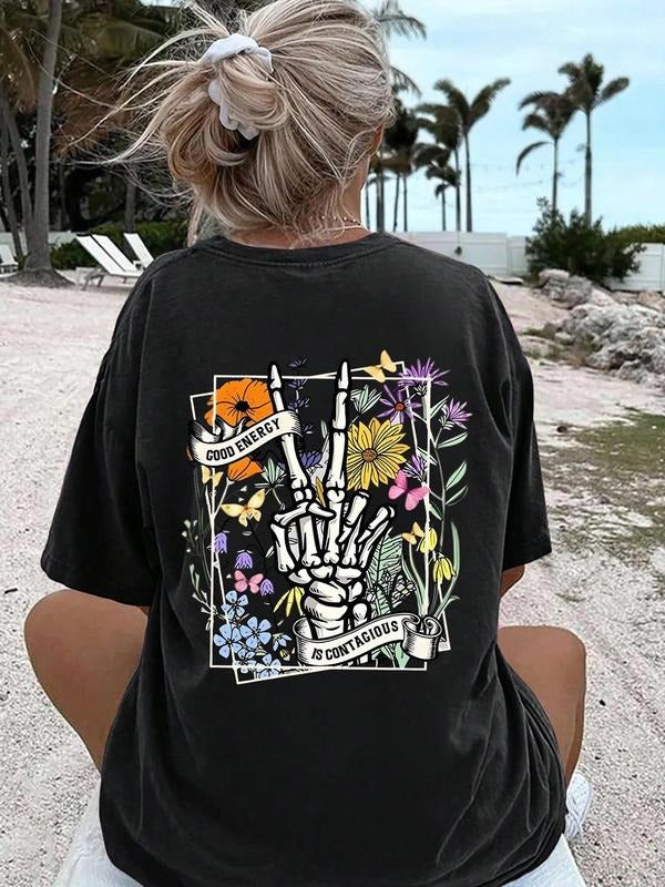 Women'WB shield Letter & Skull Print Drop Shoulder Tee, Back Hidden leaf ninja School Outfits, Casual Round Neck Half...