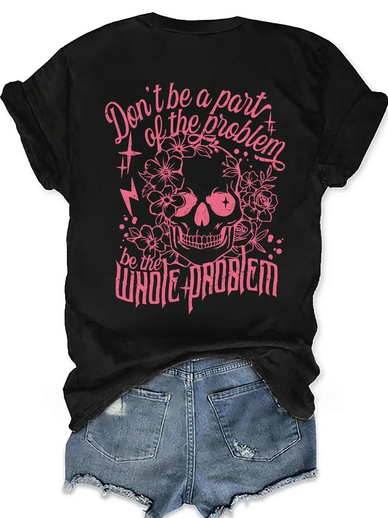 Women'WB shield Letter & Skull Print Round Neck Tee, Fashion Casual Crew Neck T-Shirt for Daily Holiday Vacation Outdoor...