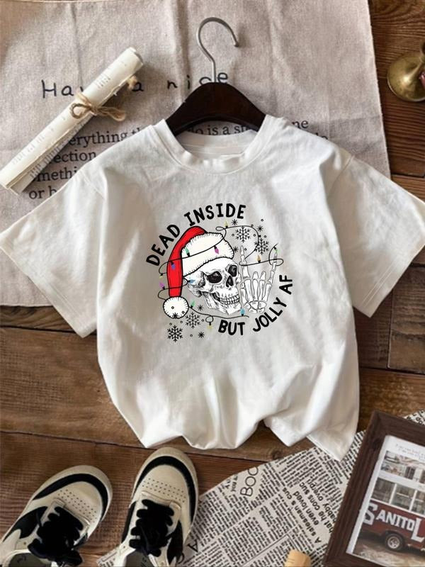 Women'WB shield Letter & Skull Print Round Neck Tee, Trendy Casual Short Sleeve T-shirt for Daily Wear, Ladies Summer...