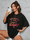 Women'WB shield Letter & Slogan Print Round Neck Graphic Tee, Vintage Trendy Casual Drop Shoulder Half Sleeve T-shirt For...