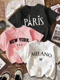 Women'WB shield Letter & Slogan Print Round Neck Tee, Casual Short Sleeve T-shirt for Summer, Ladies TNF for Daily Wear,...