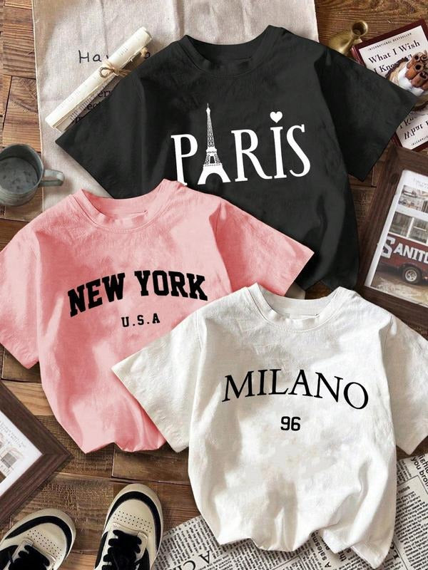 Women'WB shield Letter & Slogan Print Round Neck Tee, Casual Short Sleeve T-shirt for Summer, Ladies TNF for Daily Wear,...