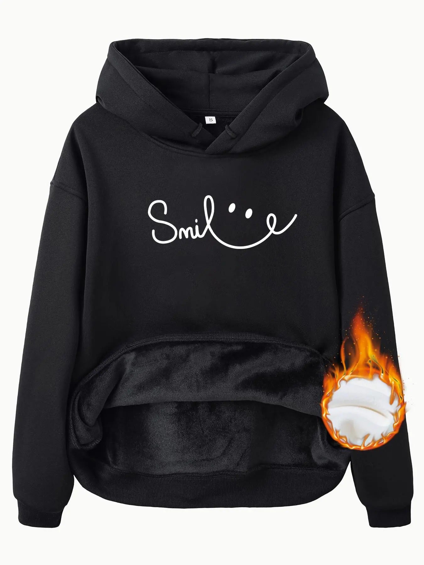 Women'WB shield Letter & Smile TNF Print Drawstring Pocket Hoodie, Casual Drop Shoulder Long Sleeve Hooded Cute...