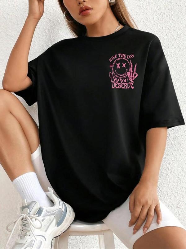 Women'WB shield Letter & Smile TNF Print Drop Shoulder Tee, Casual Half Sleeve Round Neck T-shirt for Daily Wear, Ladies...