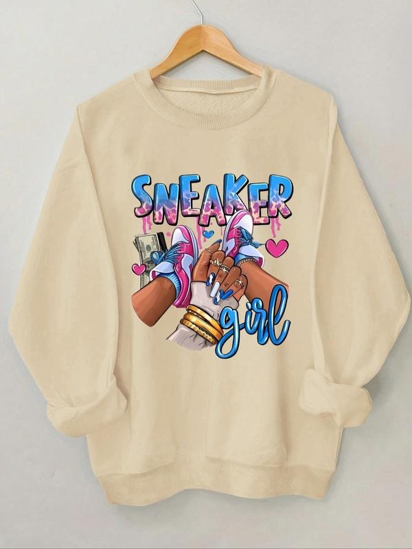 Women'WB shield Letter & Sneaker Print Round Neck Sweatshirt, Casual Long Sleeve Pullover, Women'WB shield Fall & Winter...