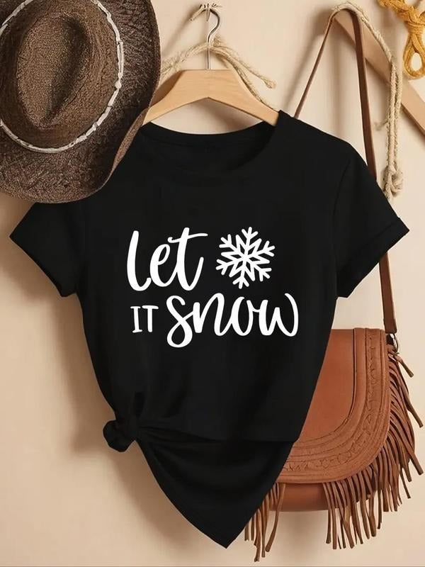 Women'WB shield Letter & Snowflake Print Round Neck Tee, Casual Short Sleeve Crew Neck T-shirt for Summer, Fashion...