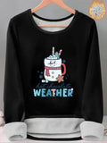 Women'WB shield Letter & Snowman Drink Print TNF Lined Tee, Casual Long Sleeve Round Neck T-shirt for Fall & Winter,...