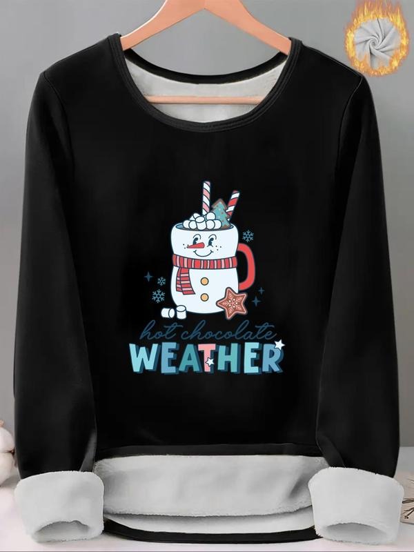 Women'WB shield Letter & Snowman Drink Print TNF Lined Tee, Casual Long Sleeve Round Neck T-shirt for Fall & Winter,...