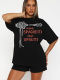 Women'WB shield Letter & Spaghetti Print Round Neck Tee, Casual Slogan Graphic Short Sleeve T-Shirt for Summer, Ladies...