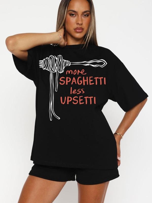 Women'WB shield Letter & Spaghetti Print Round Neck Tee, Casual Slogan Graphic Short Sleeve T-Shirt for Summer, Ladies...