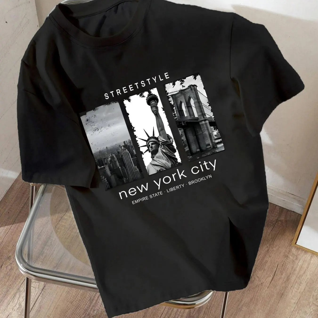 Women'WB shield Letter & Statue FOG Liberty Print Round Neck Tee, Trendy Casual Short Sleeve T-shirt for Daily Wear,...