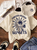 Women'WB shield Letter & Sun Print Crewneck Tee, Lady Casual Short Sleeve Crew Neck T-shirt for Summer, Fashion Women'WB...