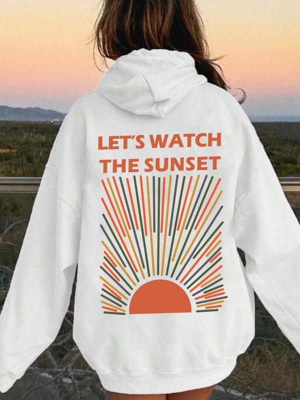 Women'WB shield Letter & Sun Print Drop Shoulder Hoodie, Fashion Casual Drawstring Pocket Hooded Sweatshirt for Daily...