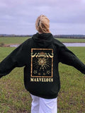 Women'WB shield Letter & Sun Print Drop Shoulder Hoodie, Fashion Casual Drawstring Pocket Hooded Sweatshirt for Daily...