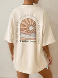 Women'WB shield Letter & Sun Print Drop Shoulder Tee, Summer TNF Women, Graphic Tees, Casual Half Sleeve Round Neck...