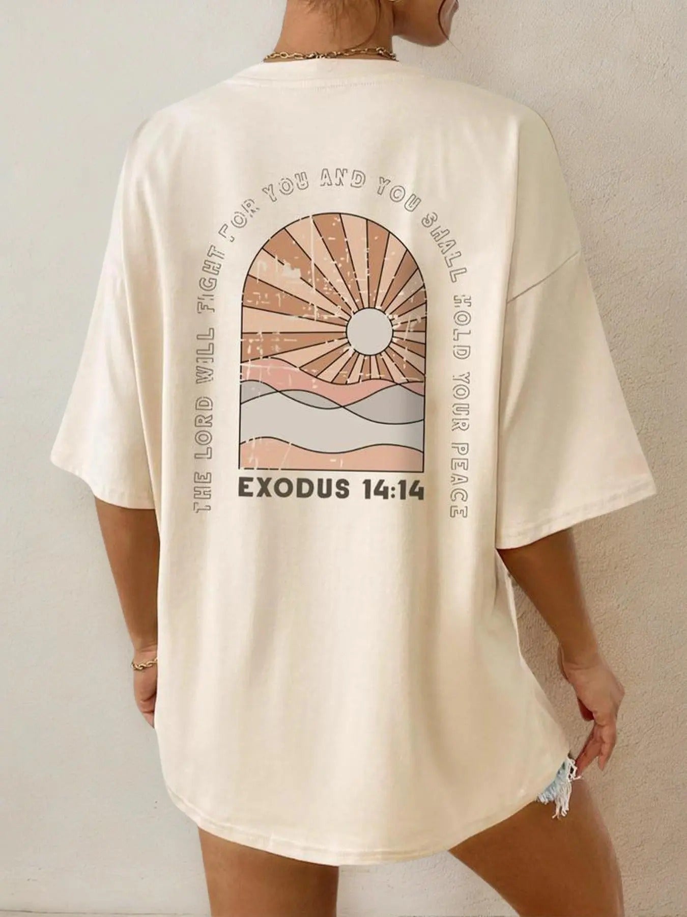 Women'WB shield Letter & Sun Print Drop Shoulder Tee, Summer TNF Women, Graphic Tees, Casual Half Sleeve Round Neck...