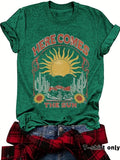 Women'WB shield Letter & Sun Print Round Neck Graphic Tee, Vintage Trendy Casual Short Sleeve T-shirt for Daily Wear,...