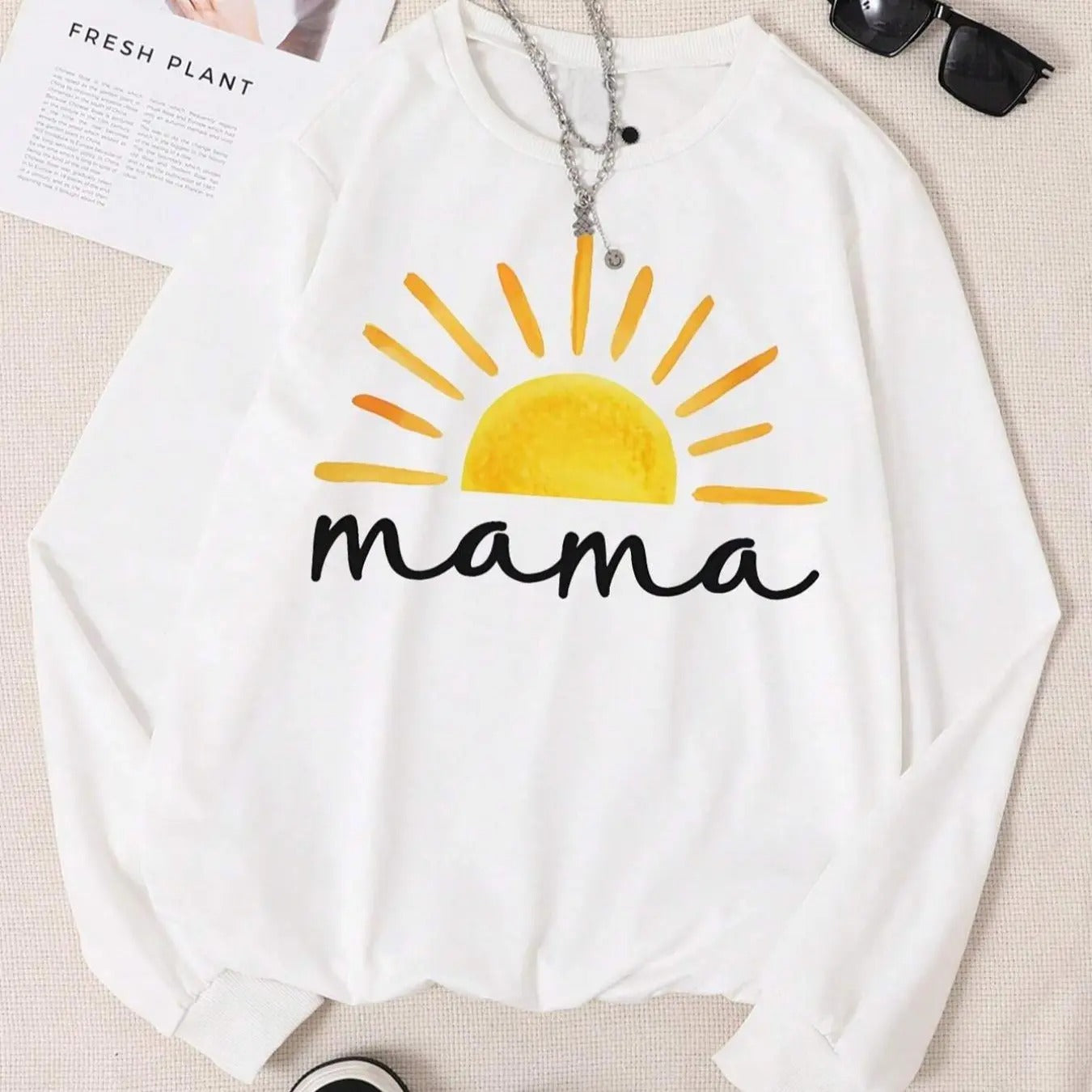 Women'WB shield Letter & Sun Print Round Neck Pullover, Casual Long Sleeve Crew Neck Sweatshirt for Fall & Winter,...