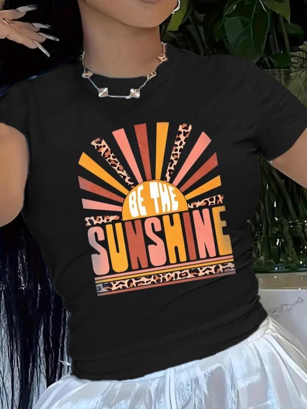 Women'WB shield Letter & Sun Print Round Neck Tee, Fashion Casual Crew Neck Short Sleeve T-Shirt for Daily Holiday...