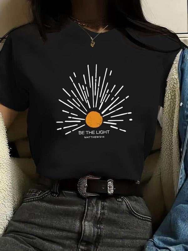 Women'WB shield Letter & Sun Print Round Neck Tee, Trendy Casual Short Sleeve T-Shirt for Daily Wear, Ladies Summer...