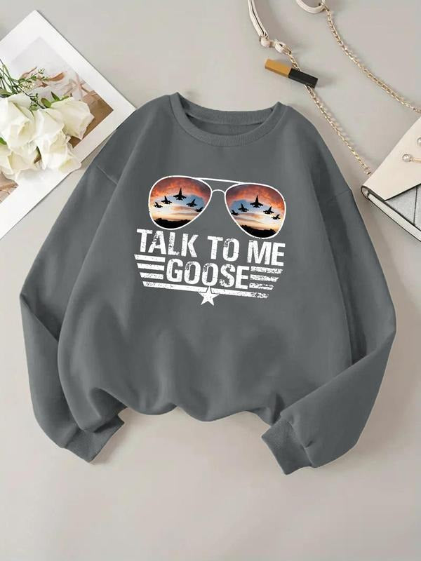 Women'WB shield Letter & Sunglasses Print Drop Shoulder Sweatshirt, Casual Long Sleeve Round Neck Pullover for Daily...