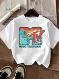 Women'WB shield Letter & Surfer Print Round Neck Tee, Trendy Casual Crew Neck Short Sleeve T-shirt for Daily Wear, Ladies...