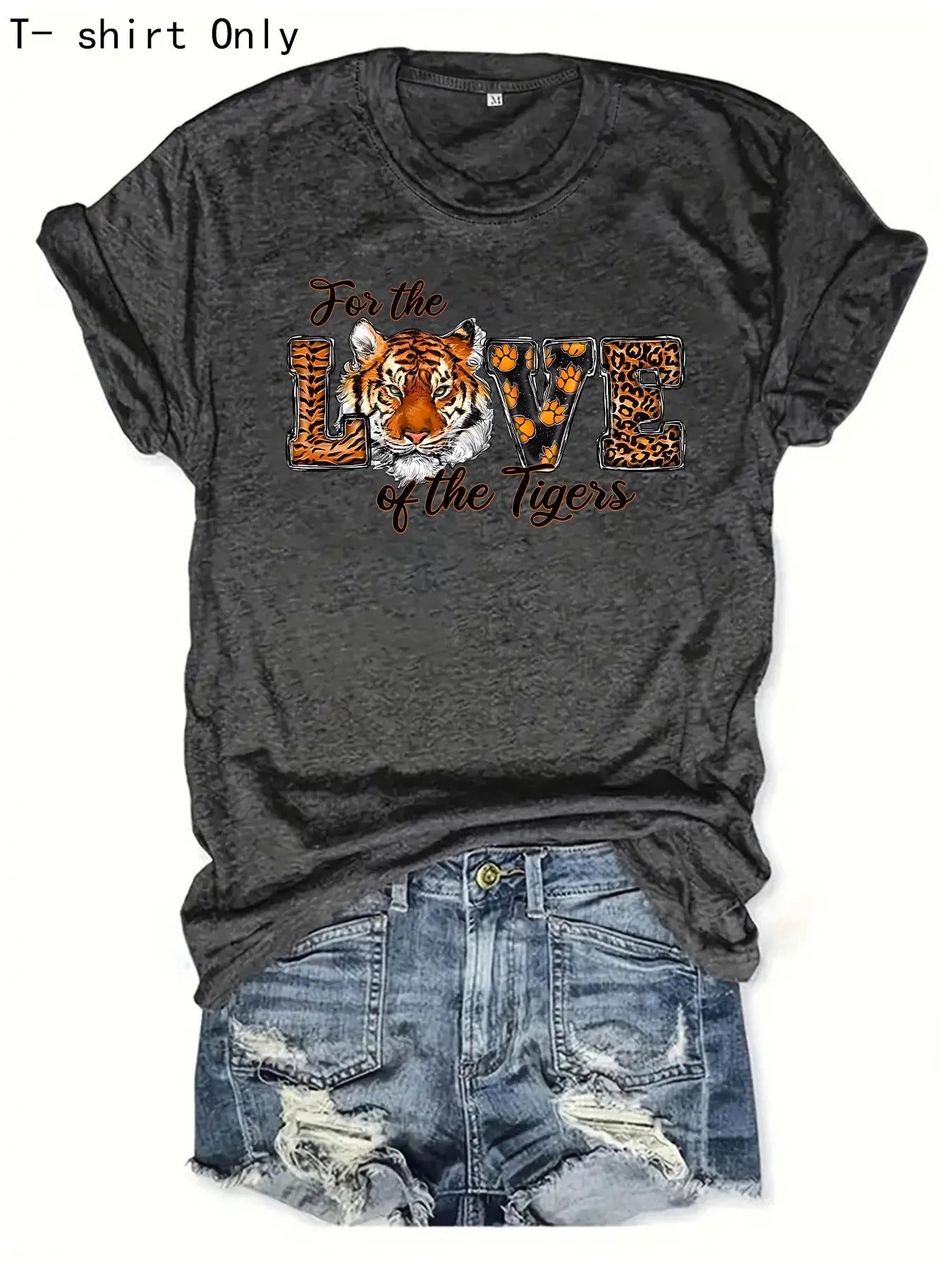 Women'WB shield Letter & Tiger Print Round Neck Tee, Fashion Casual Crew Neck Short Sleeve T-Shirt for Daily Holiday...