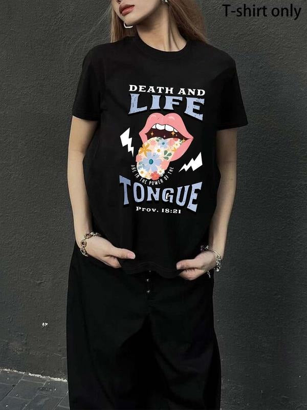 Women'WB shield Letter & Tongue Print Round Neck Tee, Fashion Casual Crew Neck Short Sleeve T-shirt for Daily Holiday...