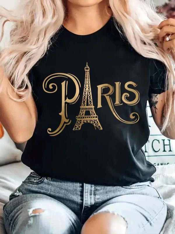 Women'WB shield Letter & Tower Print Round Neck Tee, Casual Short Sleeve T-Shirt for Summer, Ladies TNF for Daily Wear...