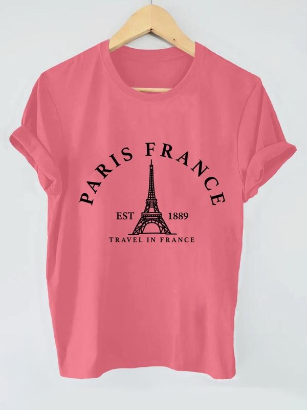 Women'WB shield Letter & Tower Print Round Neck Tee, Casual Short Sleeve T-shirt for Summer, Fashion Women'WB shield Top...