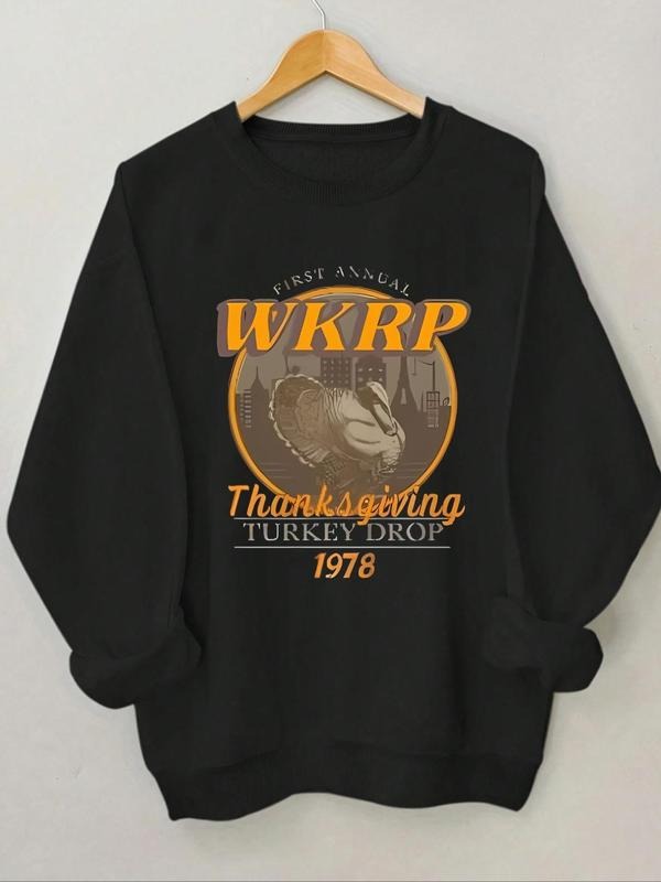 Women'WB shield Letter & Turkey Graphic Print Drop Shoulder Sweatshirt, Casual Long Sleeve Round Neck Pullover for Fall &...