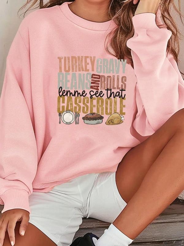 Women'WB shield Letter & Turkey Print Drop Shoulder Sweatshirt, Casual Long Sleeve Round Neck Pullover for Fall & Winter,...