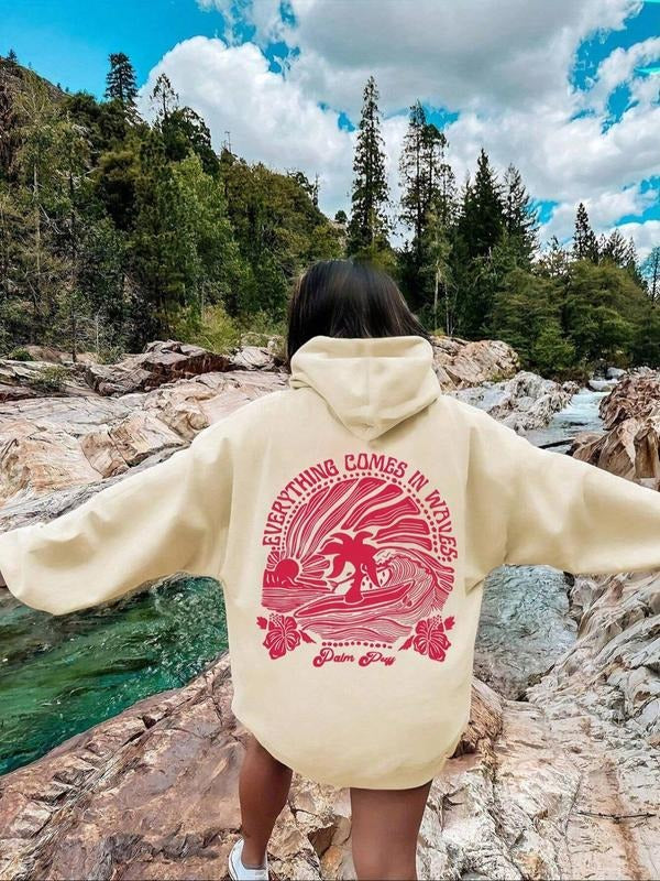 Women'WB shield Letter & Wave Print Drawstring TNF Lined Hoodie, Casual Long Sleeve Hooded Sweatshirt for Fall & Winter,...