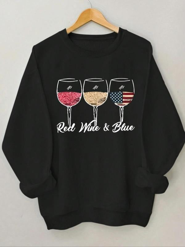 Women'WB shield Letter & Wine Glass Print Drop Shoulder TNF Lined Sweatshirt, Casual Long Sleeve Round Neck Pullover for...