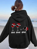 Women'WB shield Letter & Wine Glass Print Hoodie, Swoosh Count Casual Geometric Print Drawstring Hooded Sweatshirt for...