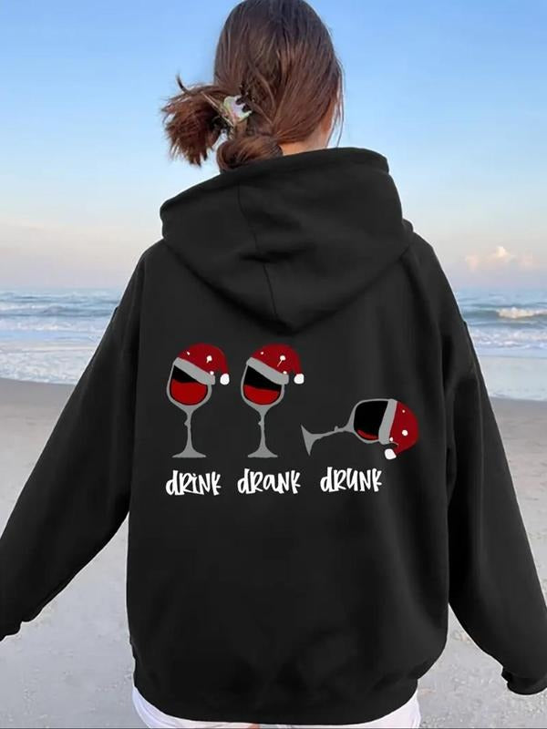 Women'WB shield Letter & Wine Glass Print Hoodie, Swoosh Count Casual Geometric Print Drawstring Hooded Sweatshirt for...