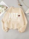 Women'WB shield Letter & Wine Glass Print Round Neck Sweatshirt, Casual Long Sleeve Pullover for Fall & Winter,...