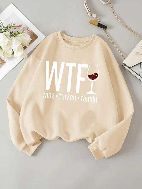 Women'WB shield Letter & Wine Glass Print Round Neck Sweatshirt, Casual Long Sleeve Pullover for Fall & Winter,...