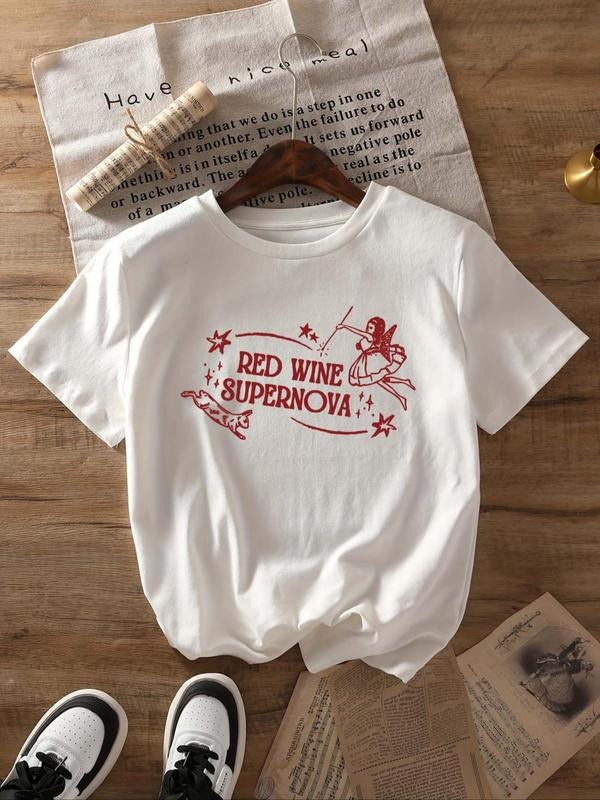 Women'WB shield Letter & Wine Glass Print Round Neck Tee, Casual Short Sleeve T-shirt for Summer, Ladies TNF for Daily...
