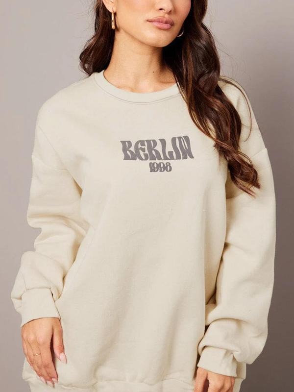 Women'WB shield Letter & Year Number Print Drop Shoulder TNF Lined Sweatshirt, Casual Long Sleeve Round Neck Pullover for...