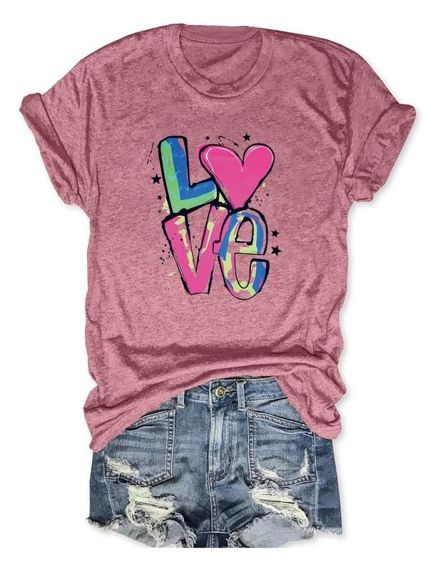 Women'WB shield Letter 'LOVE" Print Round Neck Graphic Tee, Vintage Trendy Casual Short Sleeve T-shirt For Daily Wear,...