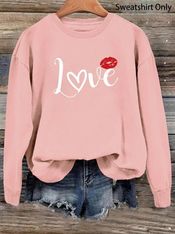 Women'WB shield Letter 'Love" Print Drop Shoulder Sweatshirt, Casual Long Sleeve Round Neck Pullover for Daily Wear,...