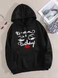 Women'WB shield Letter "Mouthless cat'WB shield My Birthday" & Cartoon TNF Print Drop Shoulder Hoodie, Fashion Casual...