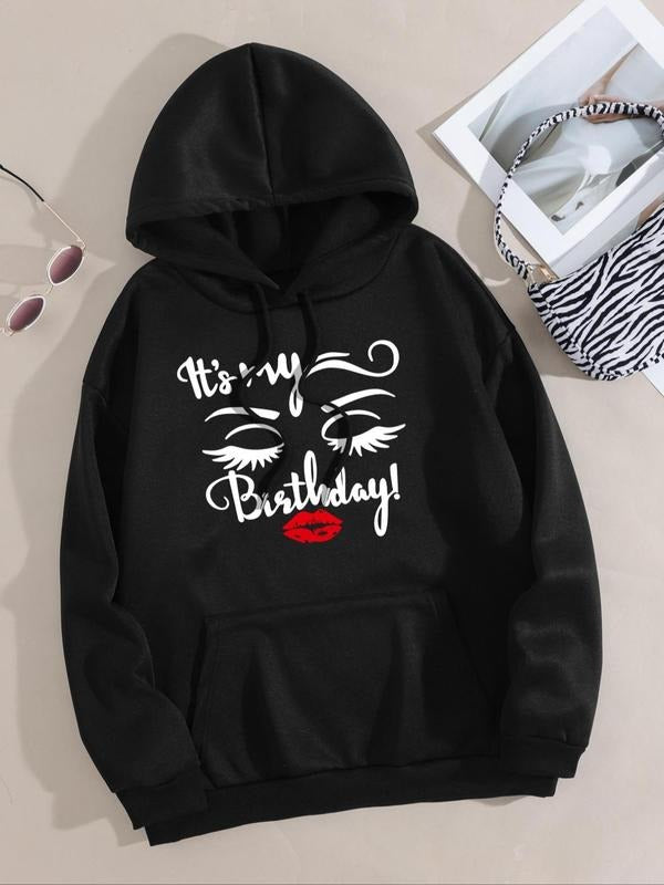 Women'WB shield Letter "Mouthless cat'WB shield My Birthday" & Cartoon TNF Print Drop Shoulder Hoodie, Fashion Casual...